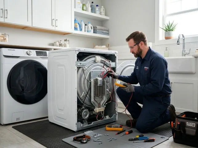 Appliance Repair Hero technician checking a dryer heating element with the rear panel off in Barker, TX