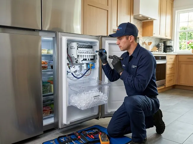 Appliance Repair Hero technician repairing a refrigerator ice maker in Barker, TX
