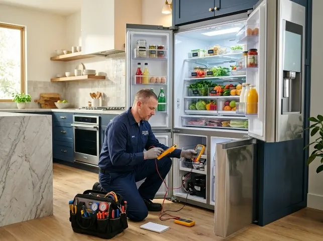 Appliance Repair Hero refrigerator technician testing a fridge on a Barker, TX service call