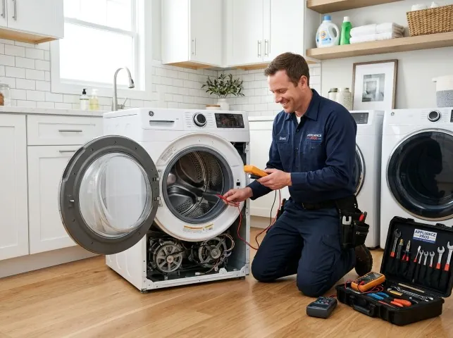 Appliance Repair Hero technician testing a front-load washer with a multimeter on a Barker, TX service call